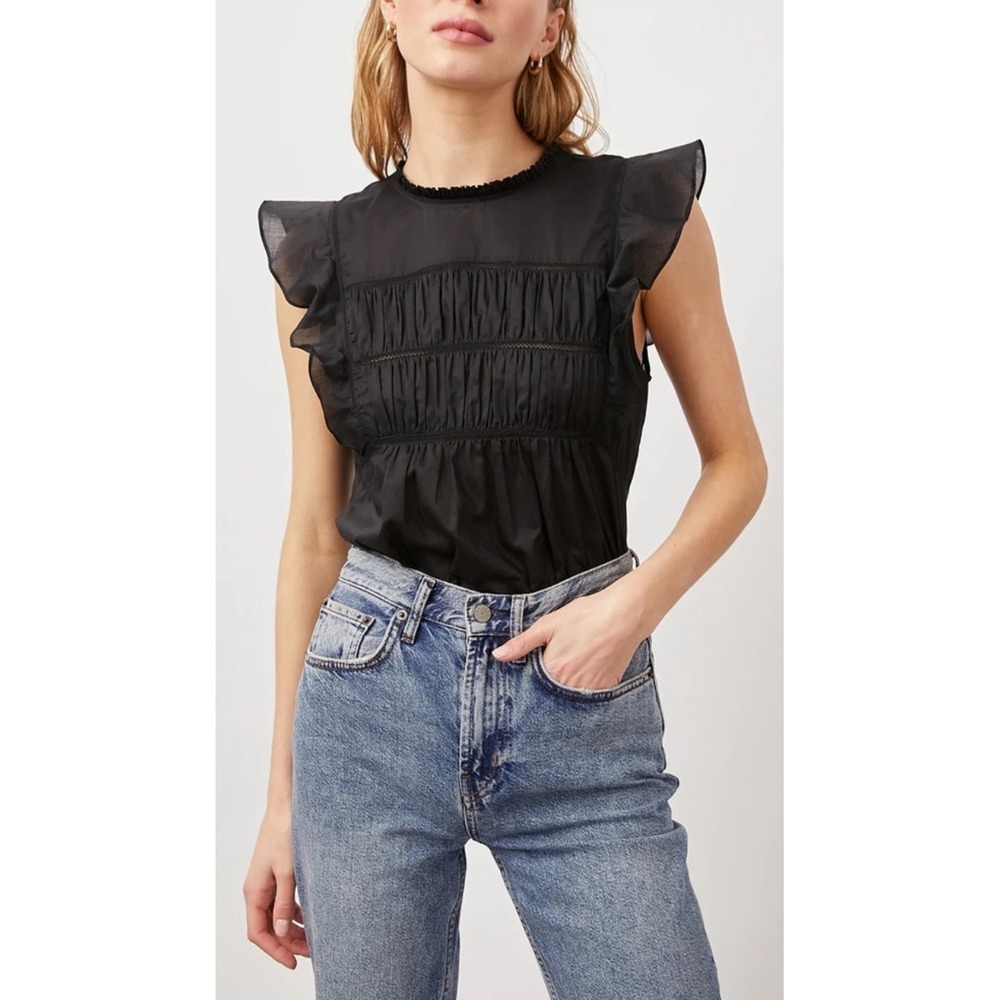 Rails Filomena Top Black Ruffle Flutter Sleeve Pintuck Cotton Blouse XS Feminine